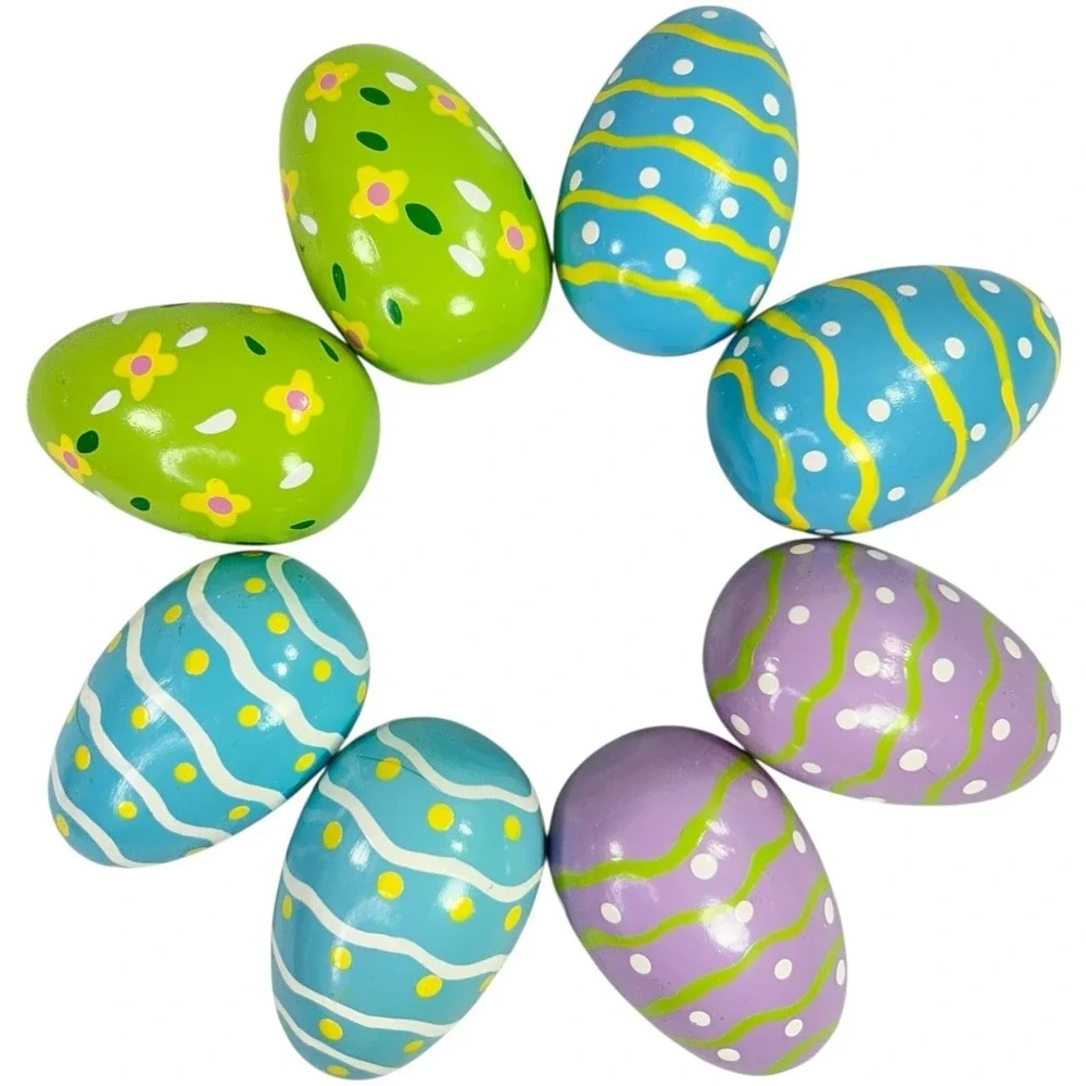 Set of 8 Wooden‎ Easter Eggs Stripes Dots Flowers